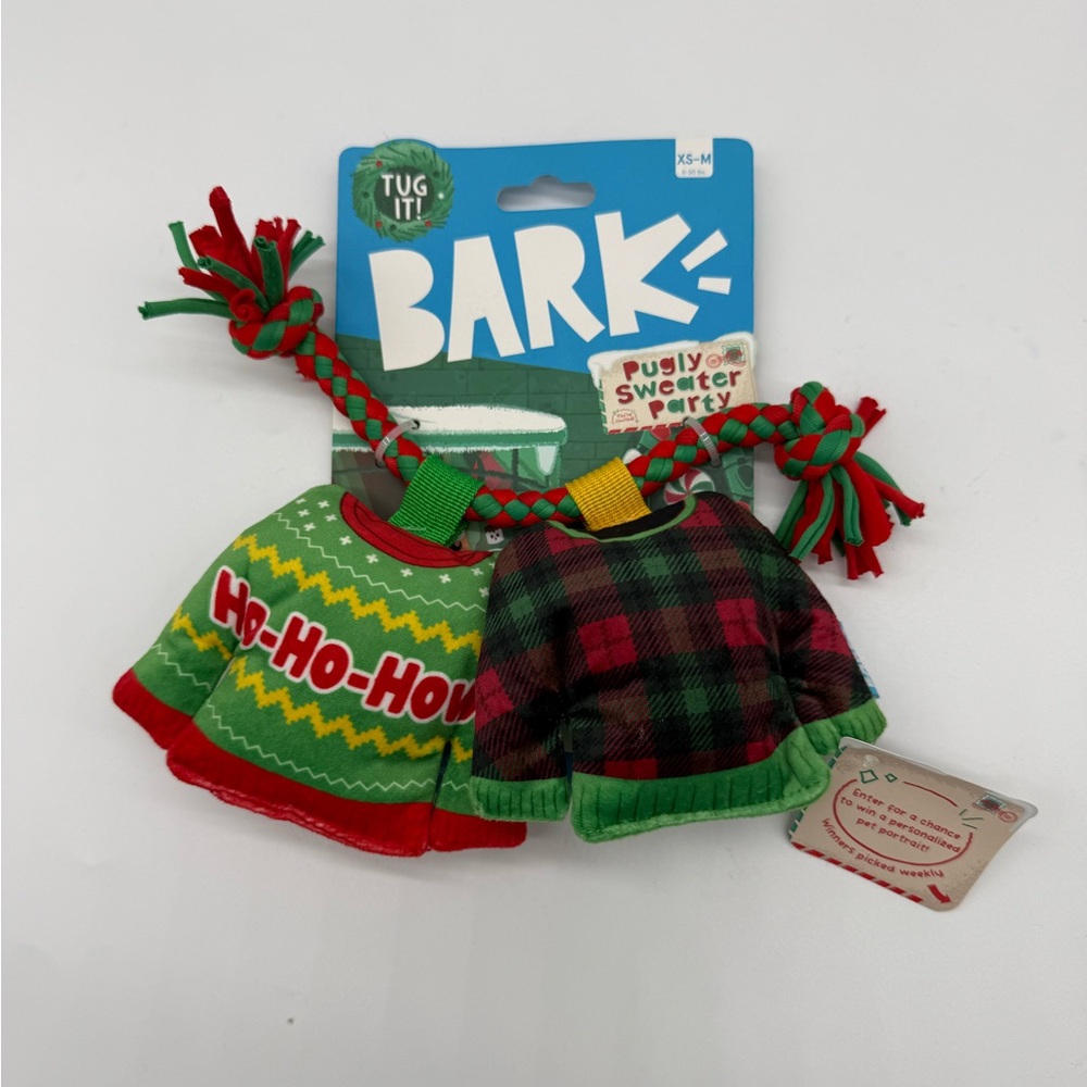New BARK Pugly Ugly Christmas Sweater Dog Toy Funny XS-M Squeak Rope Crinkle New